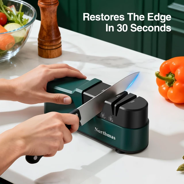 Alt view image 4 of 7 - Knife Sharpener, Professional Electric Knife Sharpener for Home Use, 2 Stages for Quick Sharpening & Polishing, 100V-240V Global Voltage Design, Green