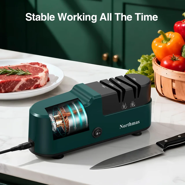 Alt view image 6 of 7 - Knife Sharpener, Professional Electric Knife Sharpener for Home Use, 2 Stages for Quick Sharpening & Polishing, 100V-240V Global Voltage Design, Green