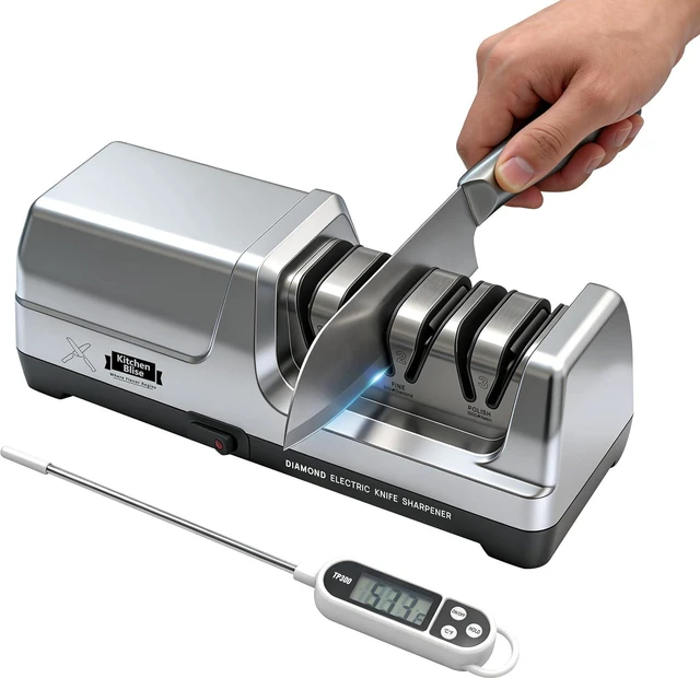 Main image of 3-Stage Electric Knife Sharpener with 20° Angle & Thermometer | Automatic Knife Sharpener with 100% Diamond Abrasives for Fast Coarse, Fine & Polishing Knives with Metal Dust Collection Box