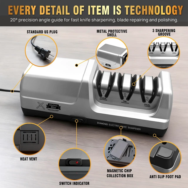 Alt view image 3 of 7 - 3-Stage Electric Knife Sharpener with 20° Angle & Thermometer | Automatic Knife Sharpener with 100% Diamond Abrasives for Fast Coarse, Fine & Polishing Knives with Metal Dust Collection Box