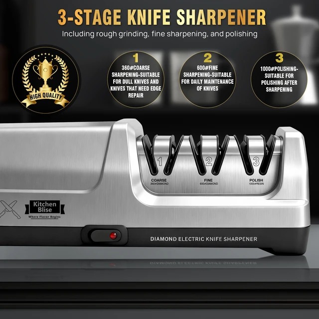 Alt view image 4 of 7 - 3-Stage Electric Knife Sharpener with 20° Angle & Thermometer | Automatic Knife Sharpener with 100% Diamond Abrasives for Fast Coarse, Fine & Polishing Knives with Metal Dust Collection Box
