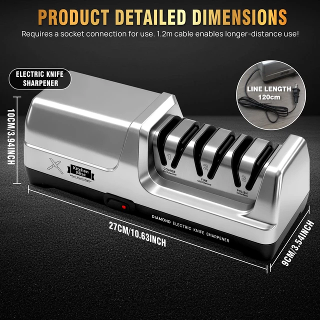 Alt view image 5 of 7 - 3-Stage Electric Knife Sharpener with 20° Angle & Thermometer | Automatic Knife Sharpener with 100% Diamond Abrasives for Fast Coarse, Fine & Polishing Knives with Metal Dust Collection Box