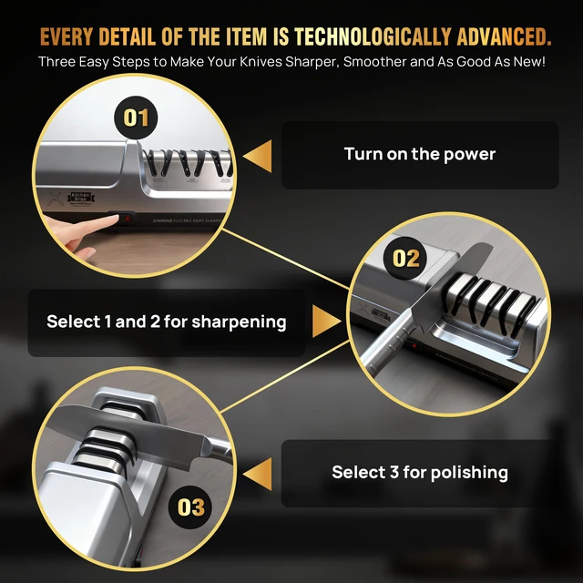 Alt view image 6 of 7 - 3-Stage Electric Knife Sharpener with 20° Angle & Thermometer | Automatic Knife Sharpener with 100% Diamond Abrasives for Fast Coarse, Fine & Polishing Knives with Metal Dust Collection Box