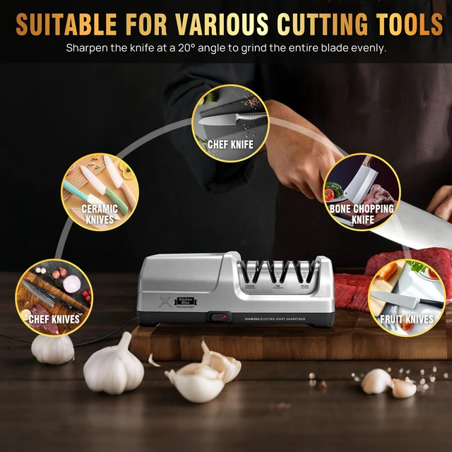 Alt view image 7 of 7 - 3-Stage Electric Knife Sharpener with 20° Angle & Thermometer | Automatic Knife Sharpener with 100% Diamond Abrasives for Fast Coarse, Fine & Polishing Knives with Metal Dust Collection Box
