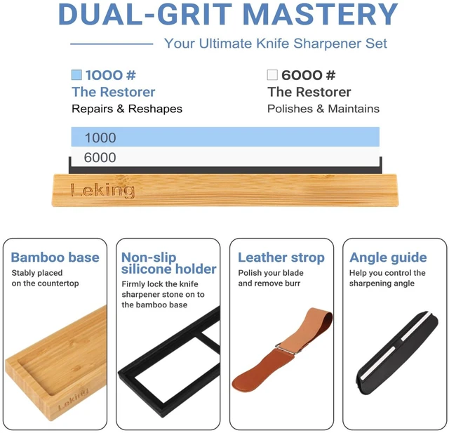 Alt view image 2 of 7 - Knife Sharpener & Sharpening Stone Set: 1000/6000 Grit Dual-Sided Whetstone Wet Stone Sharpener & Honing Kit (7"x2.4"x1.2") with Bamboo Base, Non-Slip Silicone Holder, Angle Guide & Leather Strop Kit