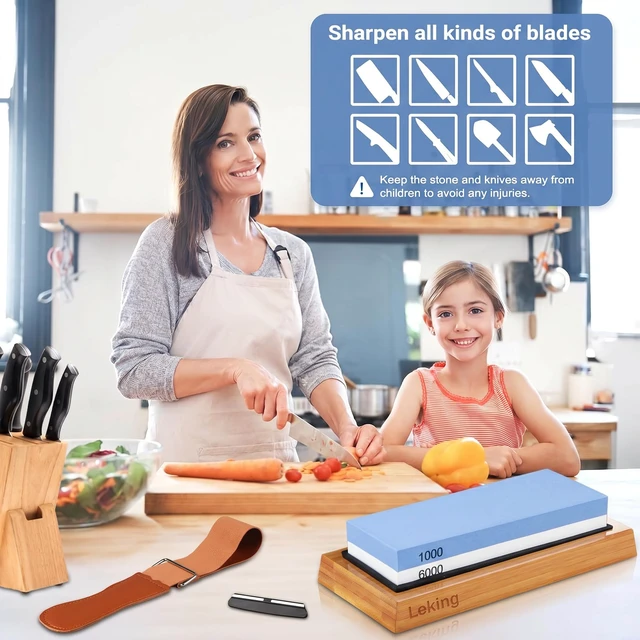 Alt view image 4 of 7 - Knife Sharpener & Sharpening Stone Set: 1000/6000 Grit Dual-Sided Whetstone Wet Stone Sharpener & Honing Kit (7"x2.4"x1.2") with Bamboo Base, Non-Slip Silicone Holder, Angle Guide & Leather Strop Kit