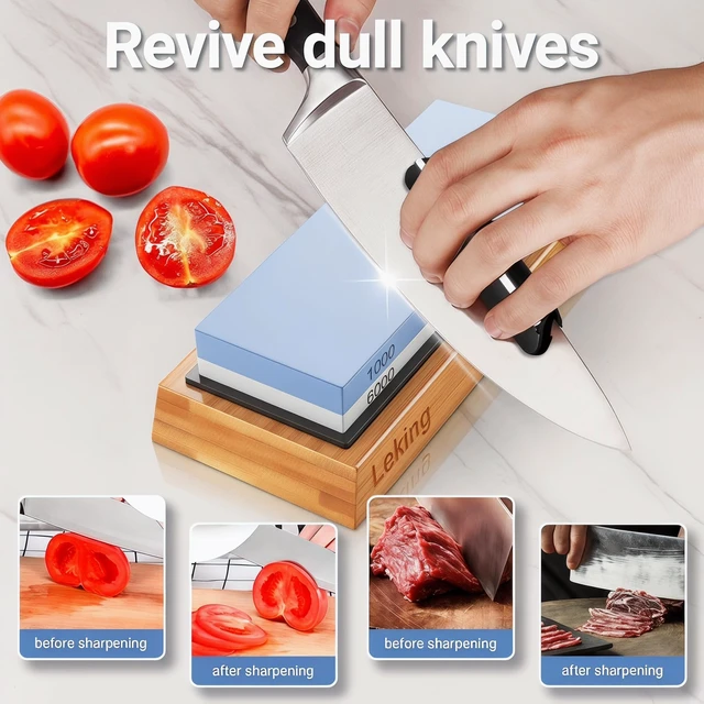 Alt view image 3 of 7 - Knife Sharpener & Sharpening Stone Set: 1000/6000 Grit Dual-Sided Whetstone Wet Stone Sharpener & Honing Kit (7"x2.4"x1.2") with Bamboo Base, Non-Slip Silicone Holder, Angle Guide & Leather Strop Kit