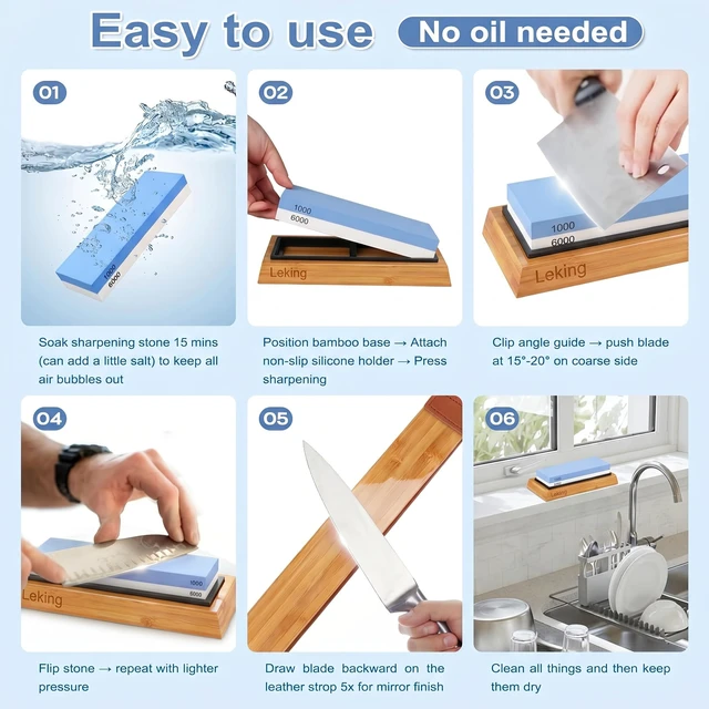Alt view image 5 of 7 - Knife Sharpener & Sharpening Stone Set: 1000/6000 Grit Dual-Sided Whetstone Wet Stone Sharpener & Honing Kit (7"x2.4"x1.2") with Bamboo Base, Non-Slip Silicone Holder, Angle Guide & Leather Strop Kit