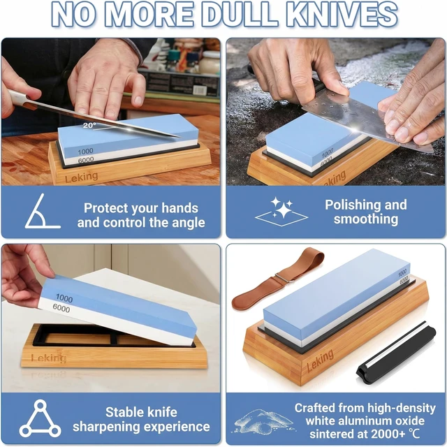 Alt view image 6 of 7 - Knife Sharpener & Sharpening Stone Set: 1000/6000 Grit Dual-Sided Whetstone Wet Stone Sharpener & Honing Kit (7"x2.4"x1.2") with Bamboo Base, Non-Slip Silicone Holder, Angle Guide & Leather Strop Kit