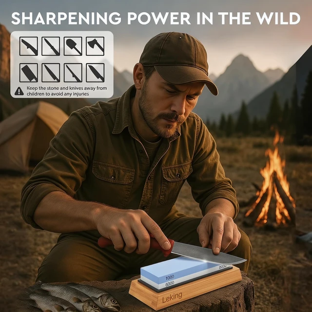 Alt view image 7 of 7 - Knife Sharpener & Sharpening Stone Set: 1000/6000 Grit Dual-Sided Whetstone Wet Stone Sharpener & Honing Kit (7"x2.4"x1.2") with Bamboo Base, Non-Slip Silicone Holder, Angle Guide & Leather Strop Kit