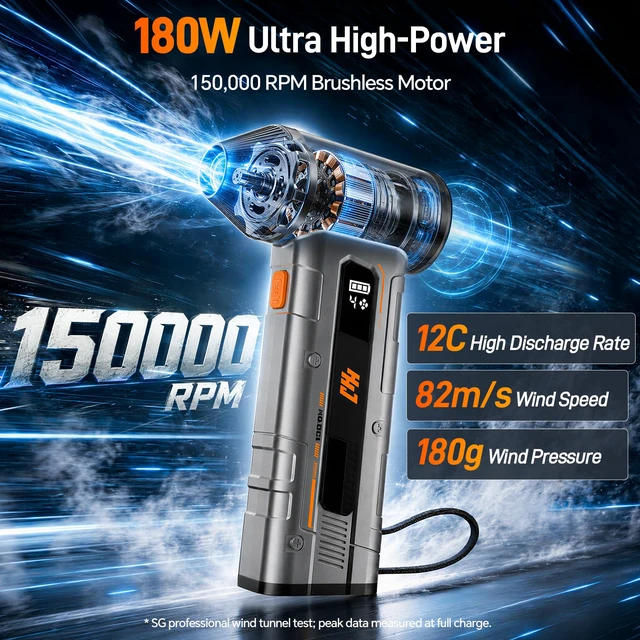 Alt view image 3 of 7 - BC07 Electric Air Duster, 150,000 RPM, 20W PD Fast Charging, 30W Power Output, 4 Speeds & 5 Nozzles, LEDSOS Light, Compressed Air Duster Alternative for PC, Keyboard, Car, Home & Outdoor