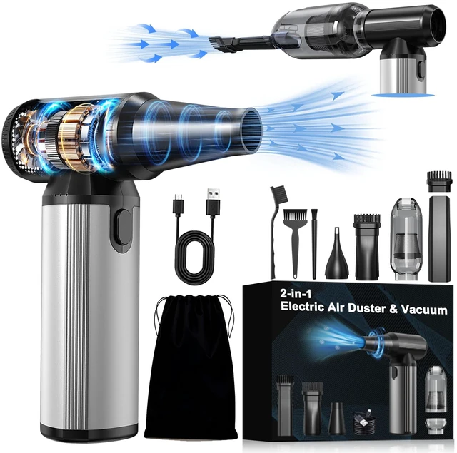Main image of Compressed Air Duster & Vacuum 2-in-1, 320,000 RPM Powerful Brushless Motor Ergonomic Aluminum Alloy Grip, Long Runtime Rechargeable Electric Air Duster & Blower for PC, Keyboard, Car & Home Cleaning