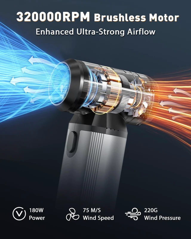 Alt view image 3 of 7 - Compressed Air Duster & Vacuum 2-in-1, 320,000 RPM Powerful Brushless Motor Ergonomic Aluminum Alloy Grip, Long Runtime Rechargeable Electric Air Duster & Blower for PC, Keyboard, Car & Home Cleaning