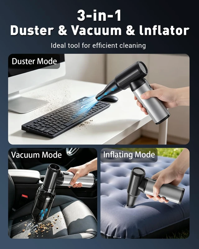 Alt view image 2 of 7 - Compressed Air Duster & Vacuum 2-in-1, 320,000 RPM Powerful Brushless Motor Ergonomic Aluminum Alloy Grip, Long Runtime Rechargeable Electric Air Duster & Blower for PC, Keyboard, Car & Home Cleaning