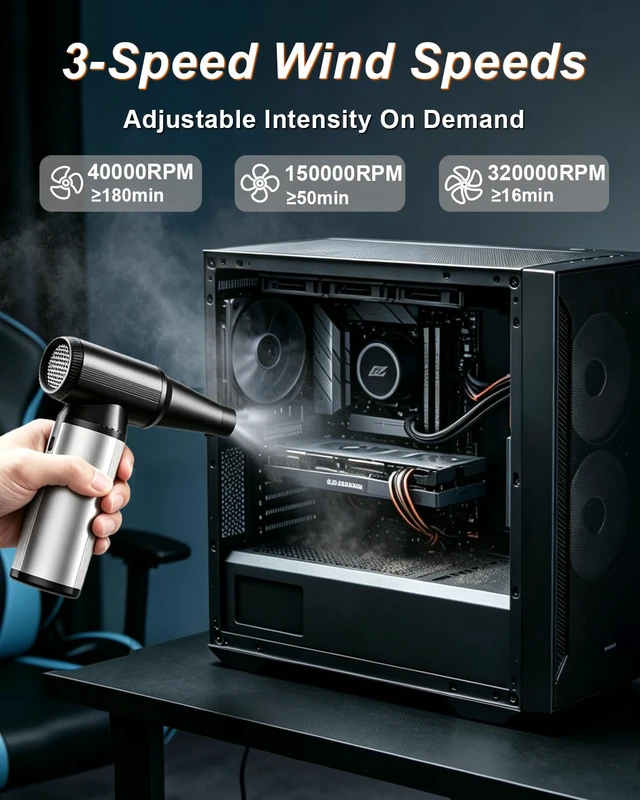 Alt view image 6 of 7 - Compressed Air Duster & Vacuum 2-in-1, 320,000 RPM Powerful Brushless Motor Ergonomic Aluminum Alloy Grip, Long Runtime Rechargeable Electric Air Duster & Blower for PC, Keyboard, Car & Home Cleaning
