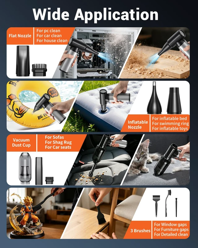 Alt view image 7 of 7 - Compressed Air Duster & Vacuum 2-in-1, 320,000 RPM Powerful Brushless Motor Ergonomic Aluminum Alloy Grip, Long Runtime Rechargeable Electric Air Duster & Blower for PC, Keyboard, Car & Home Cleaning