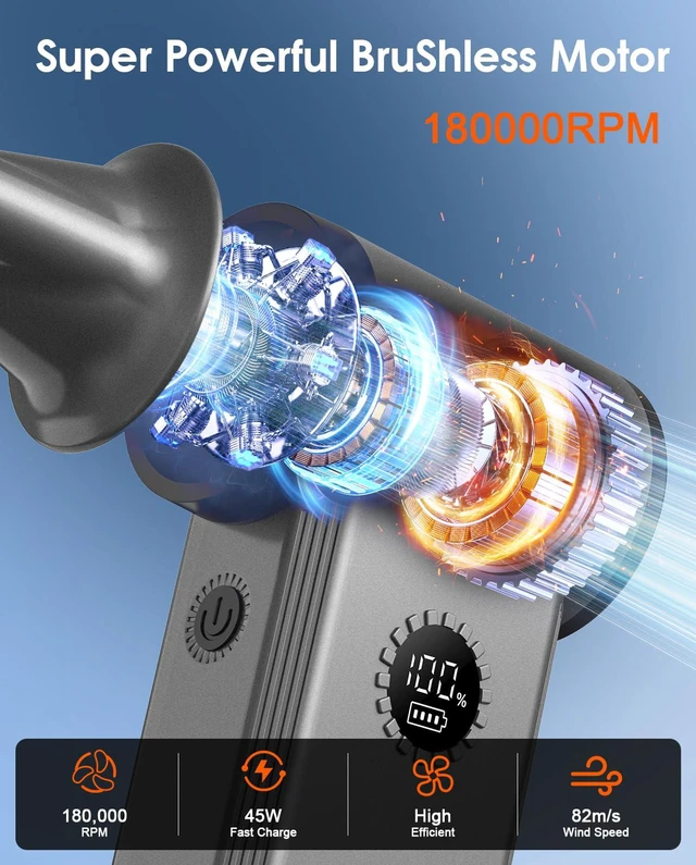 Alt view image 4 of 7 - 4-Speed Max Airflow Electric Air Duster 1H Charge, One-tap Control | Mini Cordless 180000RPM Turbo Fan, Brushless Motor Compressed Air Duster, 45W Fast Charge, Deep Clean PC/Keyboard/Car/camera