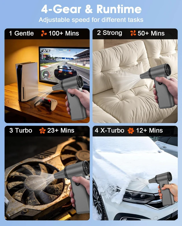 Alt view image 5 of 7 - 4-Speed Max Airflow Electric Air Duster 1H Charge, One-tap Control | Mini Cordless 180000RPM Turbo Fan, Brushless Motor Compressed Air Duster, 45W Fast Charge, Deep Clean PC/Keyboard/Car/camera