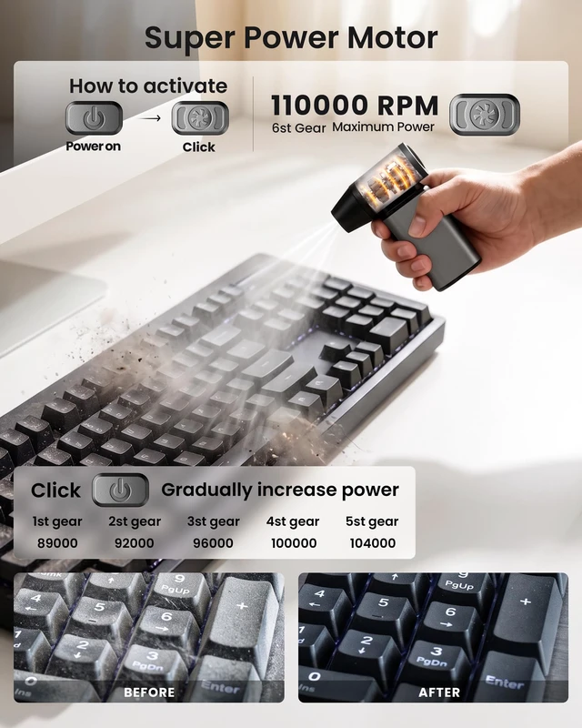 Alt view image 2 of 7 - Compressed Air Duster, 110,000RPM Rechargeable Electric Air Duster | 6-Speed Adjustable with Aluminum-Alloy Housing, LED Display for PC Keyboard, Electronics Home & Office Cleaning
