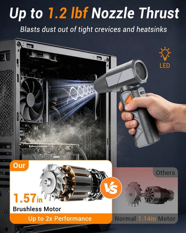 Alt view image 2 of 7 - Compressed Air Duster, 350W Cordless Electric Air Blower, Rechargeable Mini 10000mAh, 180,000 RPM, 1.57" Brushless Motor, Fast Charge, Cleaning for PC/Keyboard/Electronics, Car & Home, Outdoor Camping