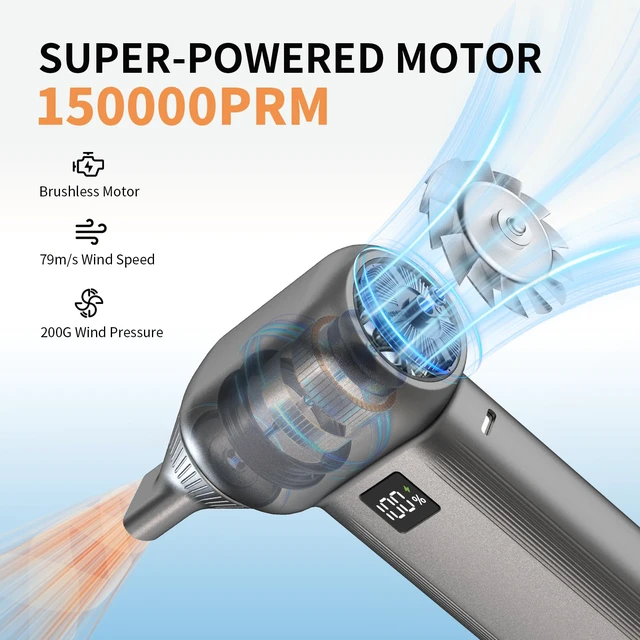 Alt view image 2 of 7 - Electric Air Duster 8000mAh with LED Display | 150000RPM Turbo Brushless Blower Compressed Air Alternative, 5-in-1 Cleaning Kit for PC Keyboard Car Interior Outdoor