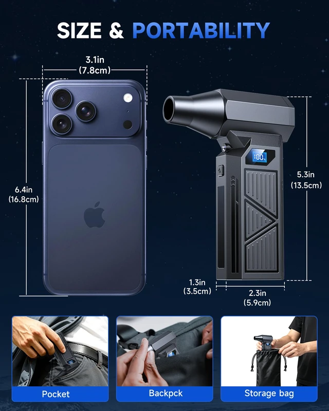 Alt view image 7 of 7 - Compressed Air Duster, 160,000 RPM Brushless Cordless Blower, LED Rechargeable 4 Speed Mini Air Duster Remover for PC, Keyboard, Car, Household & Outdoor Use