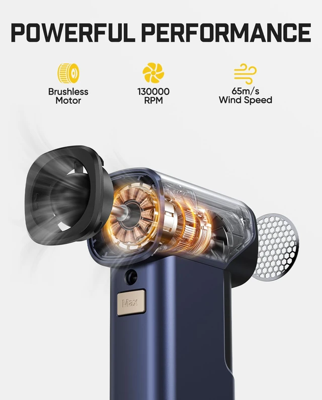 Alt view image 4 of 7 - B10 Pro Max Electric Air Duster with Powerbank Function (Navy Blue) | 130000RPM Brushless Motor, 6-Speed Adjustable, One-tap Booster, 28.8Wh Rechargeable, Electric Duster for PC, Car, Desk-Setup