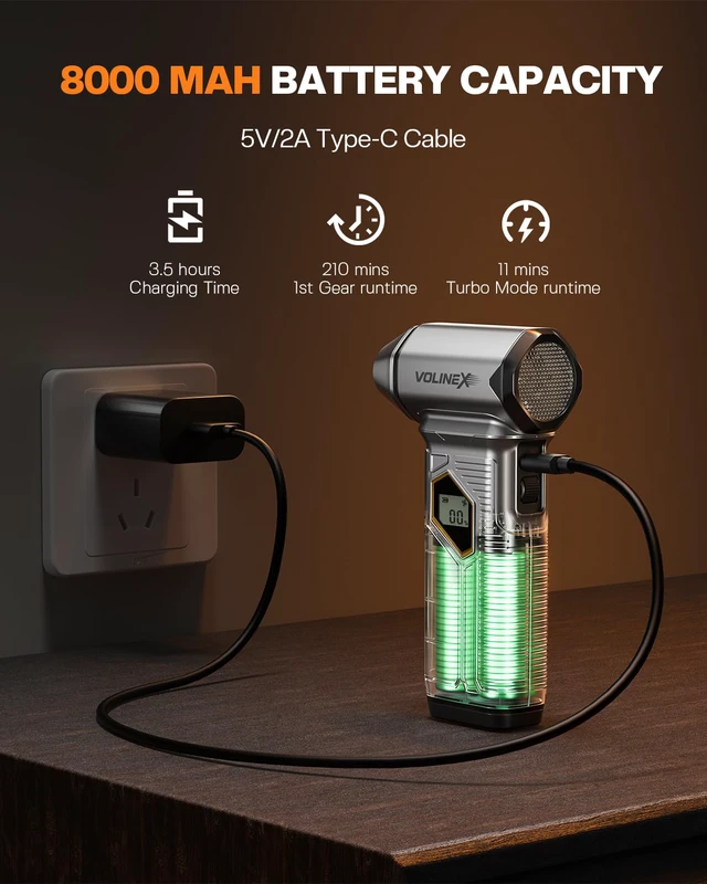Alt view image 4 of 7 - VX-101 Pro Max Compressed Air Duster for PC, Car Cleaning | 150000RPM Brushless Motor, Turbo, 8000mAh Rechargeable, 10-Speed Adjustable, Cordless, LED Light, LCD Screen, Mini Portable