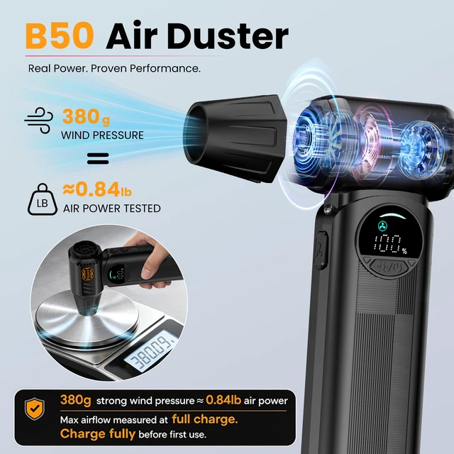 Alt view image 2 of 7 - B50 Compressed Air Duster & Vacuum Cleaner, 4-in-1 150,000RPM Turbo Fan | 69 m/s Airflow, Stepless Speed Control, Smart Display, 0.6 lb, 6 Nozzles & Brush, for Computer, Keyboard, Home & Bag Sealing