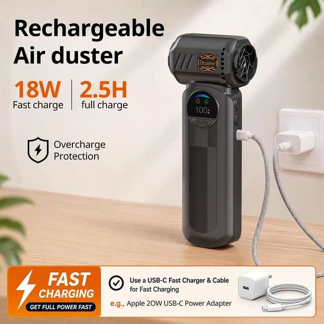 Alt view image 7 of 7 - B50 Compressed Air Duster & Vacuum Cleaner, 4-in-1 150,000RPM Turbo Fan | 69 m/s Airflow, Stepless Speed Control, Smart Display, 0.6 lb, 6 Nozzles & Brush, for Computer, Keyboard, Home & Bag Sealing