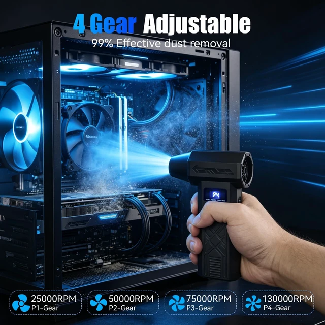Alt view image 3 of 7 - Compressed Air Duster-130000RPM Super Power Electric Air Duster, 4-Gear Adjustable Mini Blower with Type-C Fast Charging, Dust Blower for Computer, Keyboard, House, Outdoor and Car