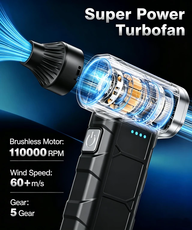 Alt view image 2 of 7 - Compressed Air Duster, 110000 RPM High-Speed Electric Air Duster | 5 Speed Modes & 3 Rotatable Nozzles, 4000mAh Rechargeable Battery for PC, Keyboard, Car, Home & Outdoor, Black