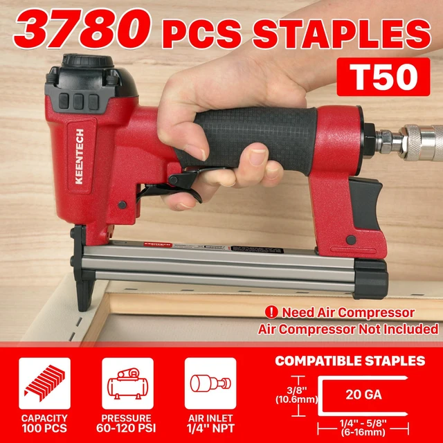 Alt view image 2 of 7 - T50 Pneumatic Staple Gun 20GA with 3780pcs 3/8" Crown Staples | Upholstery/Fabric/Leather, 200,000+ Cycle Lifespan, Low Jamming, Dual Trigger Safety, Efficient Stapling:180-240 Staples/Min