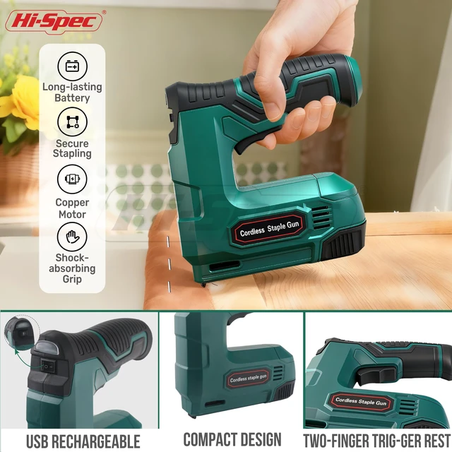 Alt view image 6 of 7 - 4V Cordless USB Staple Gun Crafts Furniture and Carpentry with Case | 2500pc, 6-8 mm, safety contact nose, single-release trigger, one-hand control, upholstery and craft fastening, USB-C charging