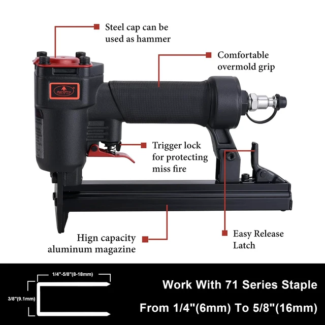 Alt view image 2 of 6 - Tools 22 Gauge Air Stapler Pneumatic Staple Gun, 3/8 Inch Crown | 70-100 PSI, 180 capacity magazines,1/4-Inch to 5/8-Inch Upholstery Stapler for Upholstering, Woodworking and DIY Projects