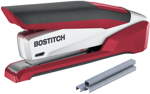 Main image of Office InPower Spring-Powered Premium Desktop Stapler - One Finger, No Effort, Red/Silver (1117)
