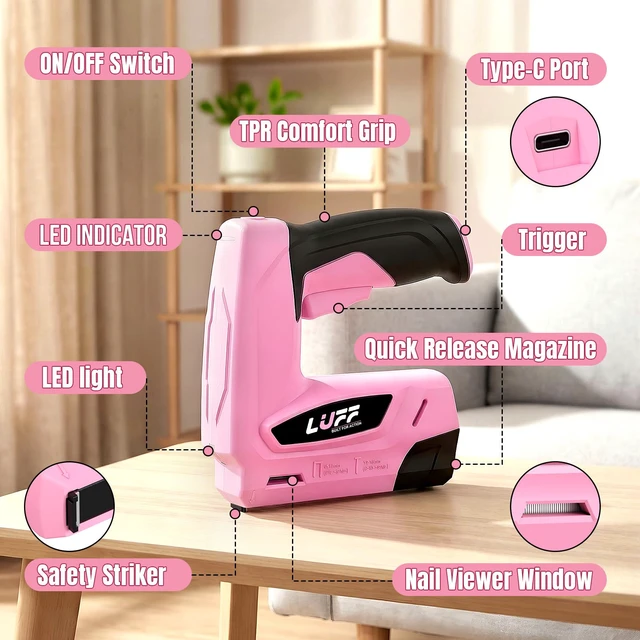 Alt view image 6 of 7 - 2-in-1 Cordless T50 Staple Gun & 18GA Brad Nailer with 4V USB-C Rechargeable Battery, Fits 1/4"-9/16" T50 Staples & 3/8"-9/16" Brad Nails for Upholstery, Softwood, DIY & Crafts