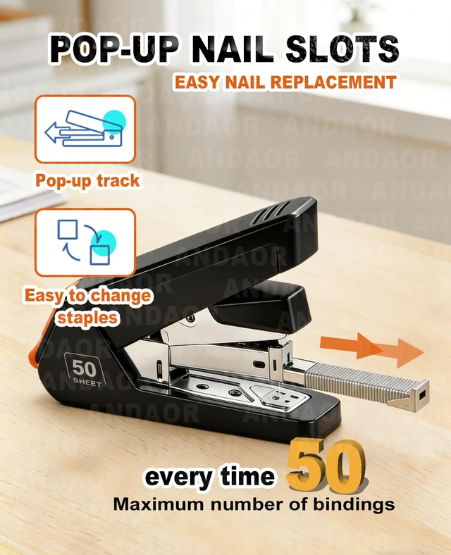 Alt view image 4 of 7 - Effortless Desktop Stapler, Desk with 50 Sheet Capacity, 1000 Staples and Remover, 1-Touch Stapling, Ergonomic & Easy to Load Heavy Duty Staplers,for Office Clerks Home
