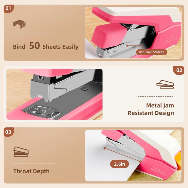 Alt view image 5 of 6 - Effortless Desktop Stapler, Heavy Duty Stapler, Rose | 40-50 Sheet Capacity, One Finger, No Effort, Includes 1500 Staples & Staple Remover