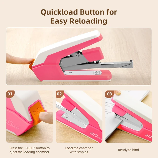 Alt view image 6 of 6 - Effortless Desktop Stapler, Heavy Duty Stapler, Rose | 40-50 Sheet Capacity, One Finger, No Effort, Includes 1500 Staples & Staple Remover