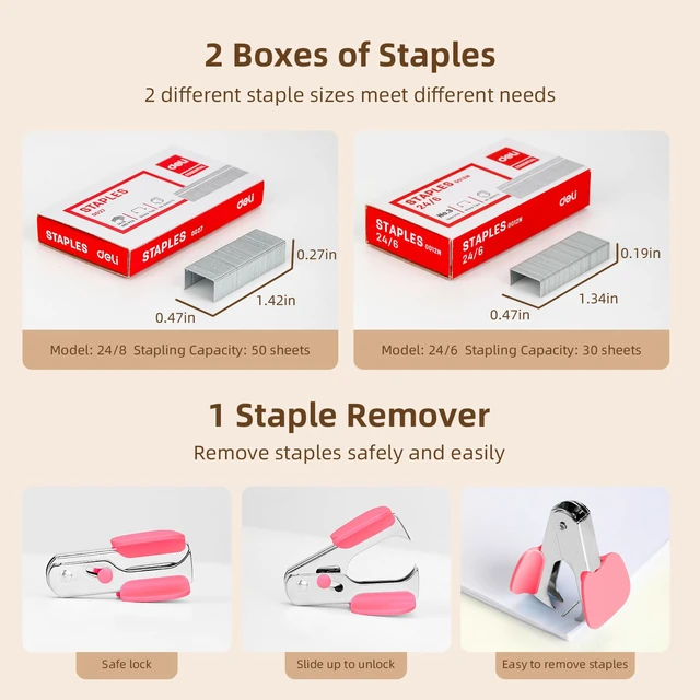Alt view image 4 of 6 - Effortless Desktop Stapler, Heavy Duty Stapler, Rose | 40-50 Sheet Capacity, One Finger, No Effort, Includes 1500 Staples & Staple Remover