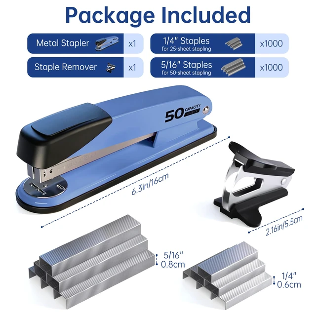 Alt view image 2 of 7 - Metal Stapler Heavy Duty for Desk - 50 Sheet Capacity with 2000 Pieces 1/4", 5/16" Staples and Staple Remover, No Jam, Non-Slip, Stapler Heavy Duty for Classroom and Office, Blue