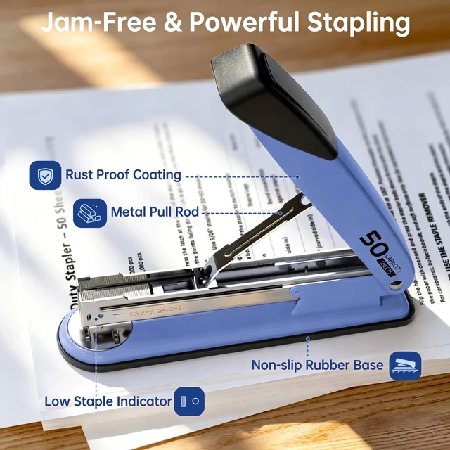 Alt view image 3 of 7 - Metal Stapler Heavy Duty for Desk - 50 Sheet Capacity with 2000 Pieces 1/4", 5/16" Staples and Staple Remover, No Jam, Non-Slip, Stapler Heavy Duty for Classroom and Office, Blue