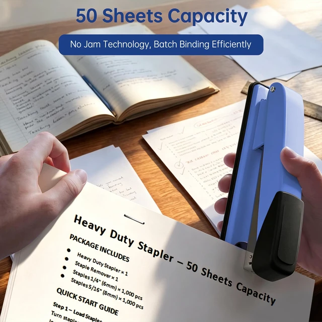 Alt view image 4 of 7 - Metal Stapler Heavy Duty for Desk - 50 Sheet Capacity with 2000 Pieces 1/4", 5/16" Staples and Staple Remover, No Jam, Non-Slip, Stapler Heavy Duty for Classroom and Office, Blue