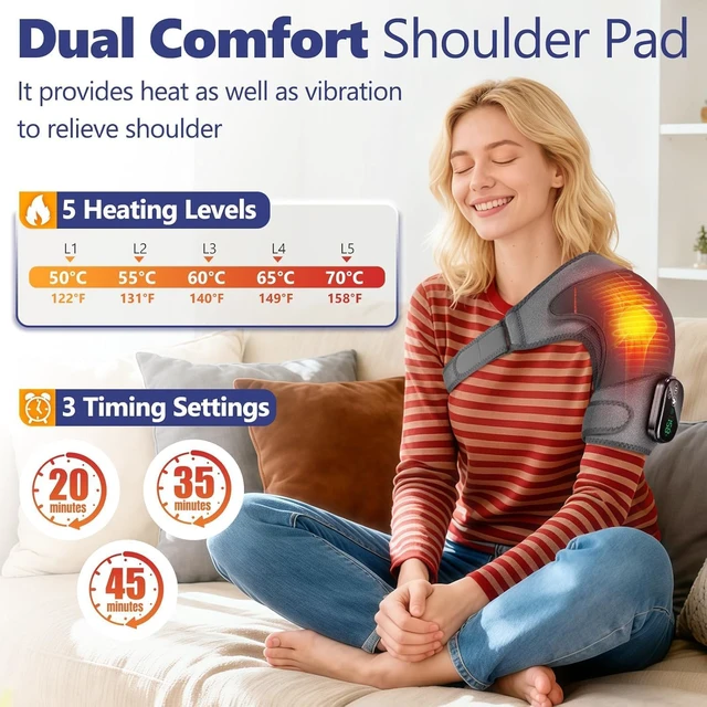 Alt view image 4 of 7 - Cordless Shoulder Heating Pad with Massage for Pain Relief Deep Tissue | Enlarged Shoulder Massager, 5 Temperature and 3 Timer Settings, 5 Massage Modes Heated Shoulder Wrap
