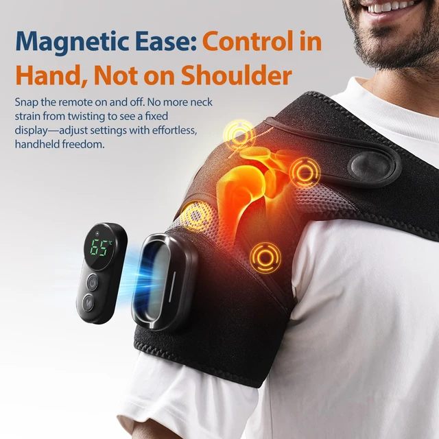 Alt view image 2 of 7 - Heated Shoulder Massager with Remote, Shoulder Heating Pad | Cordless Heated Shoulder Wrap with 5 Vibration Modes & 5 Heating Levels, Auto-Off, 5000mAh, Ideal Gift for Men & Women, Black