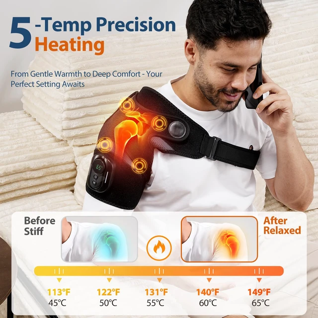 Alt view image 4 of 7 - Heated Shoulder Massager with Remote, Shoulder Heating Pad | Cordless Heated Shoulder Wrap with 5 Vibration Modes & 5 Heating Levels, Auto-Off, 5000mAh, Ideal Gift for Men & Women, Black