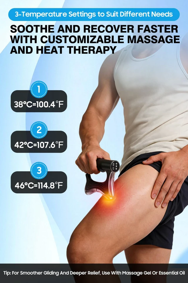 Alt view image 3 of 7 - Heated Muscle Scraper Tool with Pulse & Vibration for Pain Relief, Black | 3 Intensity Modes with LED Display, Full Body Gua Sha Massager, Rechargeable Fascia Release for Deep Tissue, Workouts & Home