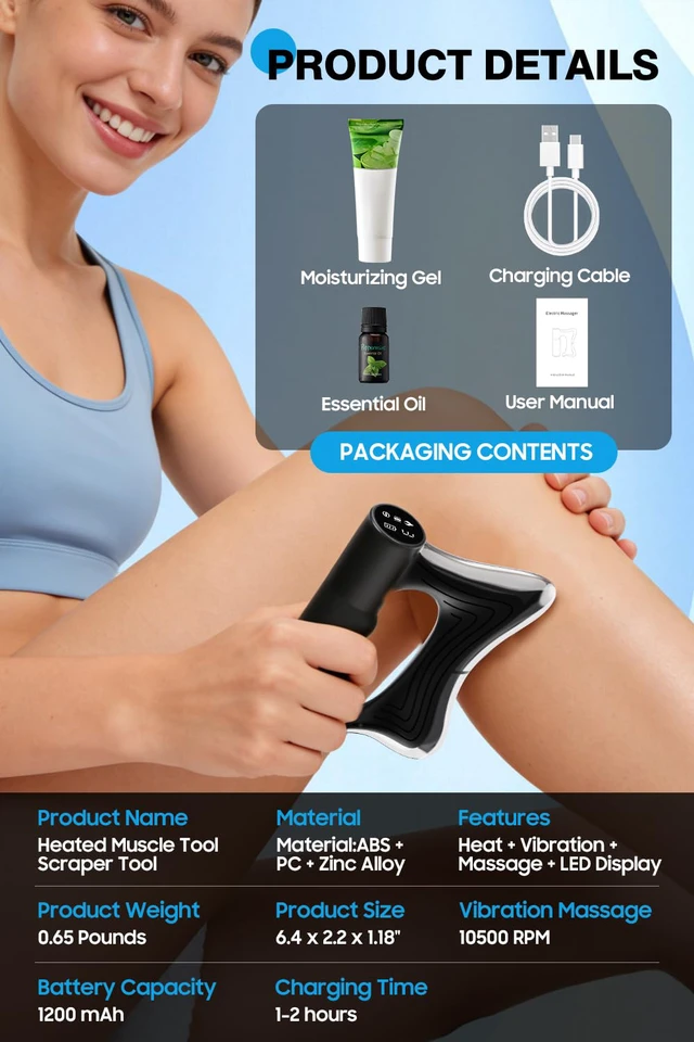 Alt view image 7 of 7 - Heated Muscle Scraper Tool with Pulse & Vibration for Pain Relief, Black | 3 Intensity Modes with LED Display, Full Body Gua Sha Massager, Rechargeable Fascia Release for Deep Tissue, Workouts & Home