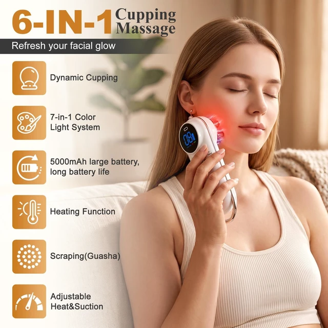 Alt view image 2 of 7 - Cellulite Massage Tool,Lymphatic Drainage Massager | Heat/Light/Suction/GuaSha, 5000mAh Cordless, Arms/Legs/Abdomen/Back, Firm/Relieve, Men/Women Gift White
